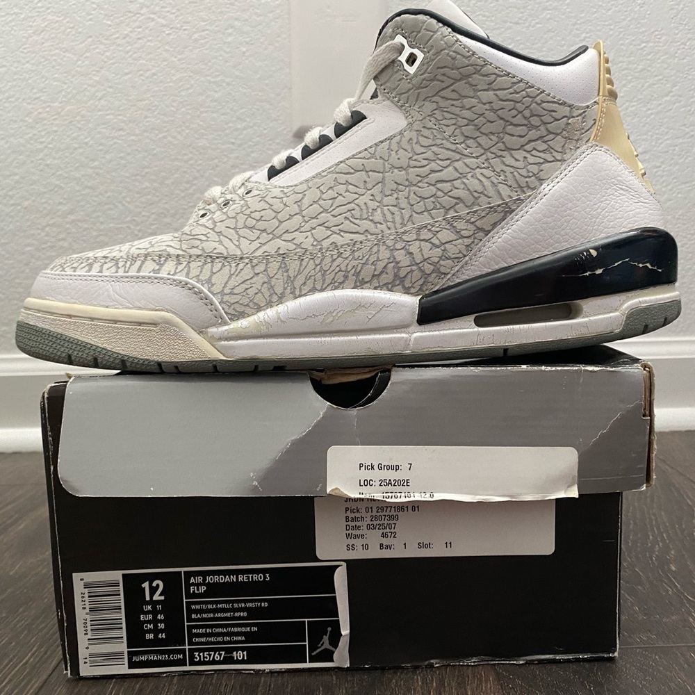 AIR JORDAN RETRO 3 WHITE FLIP/ white black metallic silver varsity red/ size 12